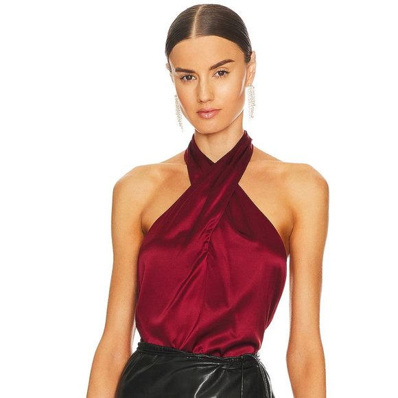 Theory Ertil Cross Front Halter Top Size P Stretch Satin SILK Red Dahlia NEW - Picture 11 of 12